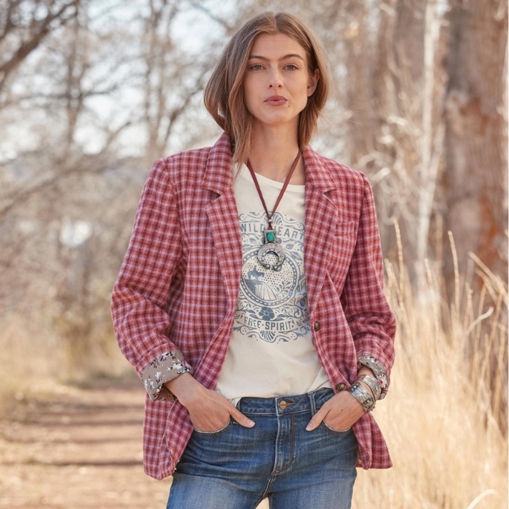 Sundance The Lisa Blazer Two Button Check Floral Oversized Size Medium
